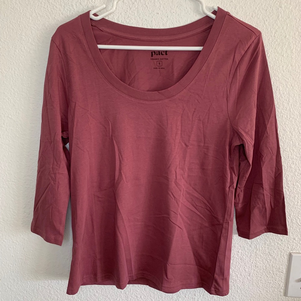 Pact Organic Cotton 3/4 Sleeve Scoop Neck Top Mauve Rosewood Womens Size Small